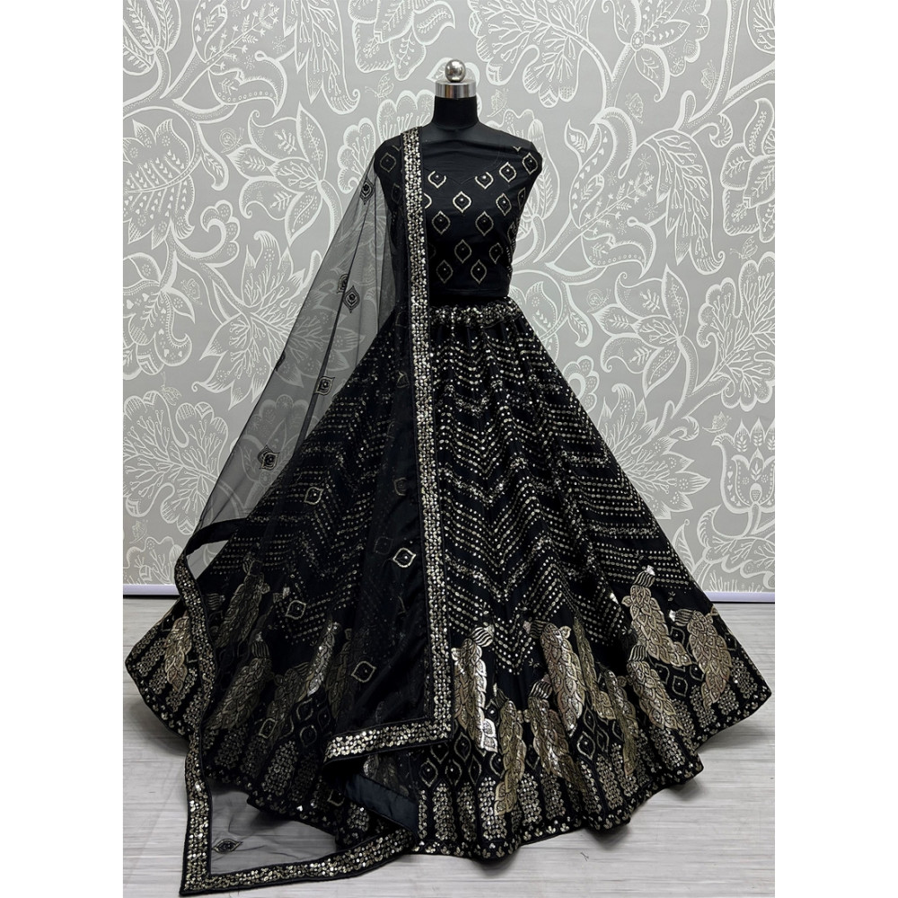 Online Black Bridal Net Sequance Embroidered Wedding Lehenga